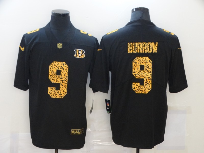 Men's Cincinnati Bengals #9 Joe Burrow Black Leopard Print Fashion Limited Stitched Jersey